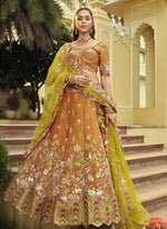 Thumbnail for Vegaa Fashion Mustard Silk Embroidered & Art Mirror Work Wedding Wear Lehenga Choli - Distacart