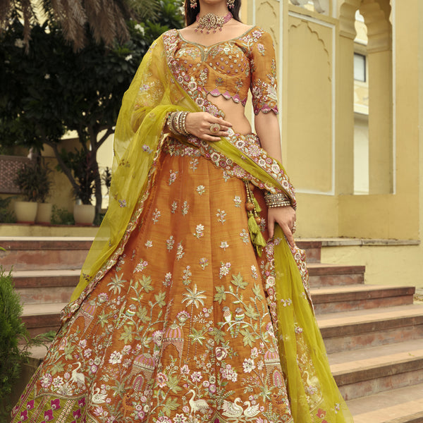 Vegaa Fashion Mustard Silk Embroidered & Art Mirror Work Wedding Wear Lehenga Choli - Distacart