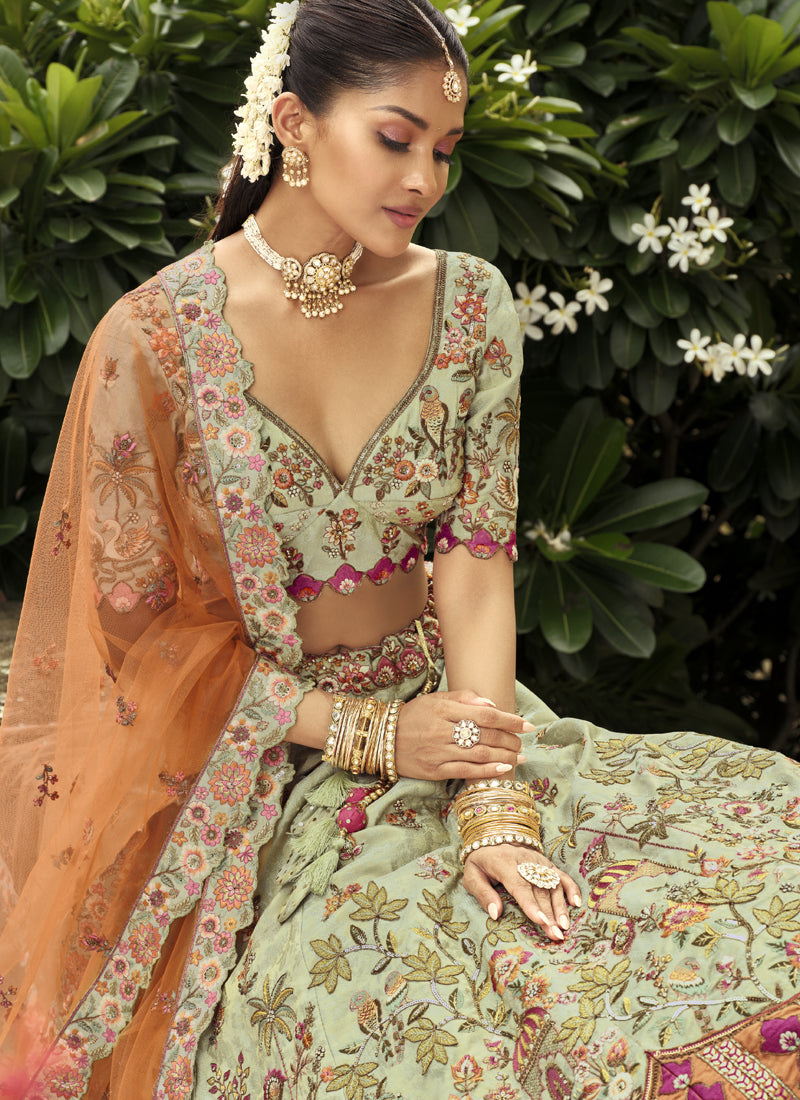 Vegaa Fashion Sea Green Silk Embroidered & Art Mirror Work Wedding Wear Lehenga Choli - Distacart