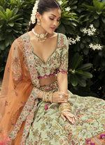 Thumbnail for Vegaa Fashion Sea Green Silk Embroidered & Art Mirror Work Wedding Wear Lehenga Choli - Distacart