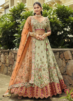 Thumbnail for Vegaa Fashion Sea Green Silk Embroidered & Art Mirror Work Wedding Wear Lehenga Choli - Distacart