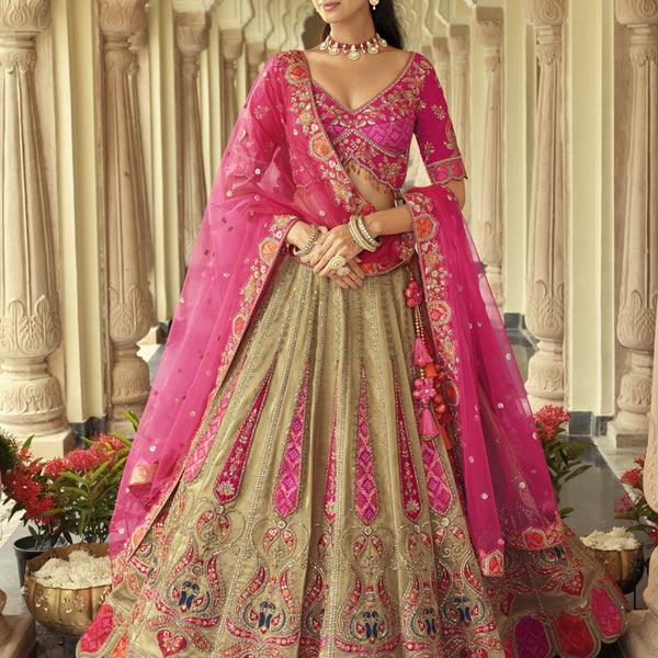 Vegaa Fashion Beige Silk Embroidered & Art Mirror Work Wedding Wear Lehenga Choli - Distacart