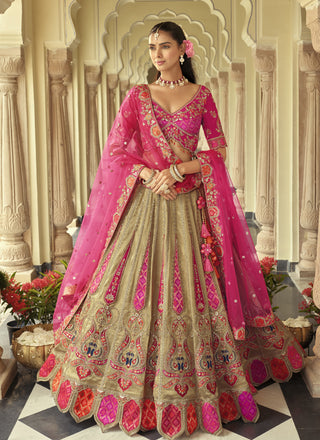 Vegaa Fashion Beige Silk Embroidered & Art Mirror Work Wedding Wear Lehenga Choli