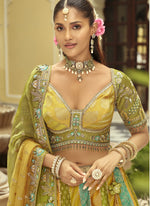 Thumbnail for Vegaa Fashion Yellow Silk Embroidered & Art Mirror Work Wedding Wear Lehenga Choli - Distacart