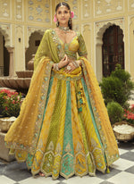 Thumbnail for Vegaa Fashion Yellow Silk Embroidered & Art Mirror Work Wedding Wear Lehenga Choli - Distacart