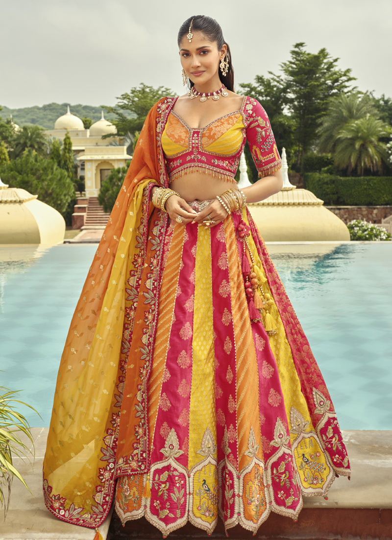 Vegaa Fashion Multi Color Silk Embroidered & Art Mirror Work Wedding Wear Lehenga Choli