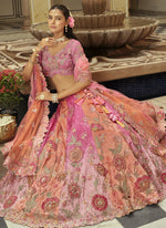 Thumbnail for Vegaa Fashion Peach Silk Embroidered & Art Mirror Work Wedding Wear Lehenga Choli - Distacart