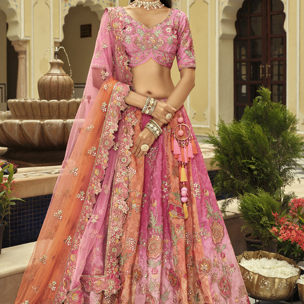 Vegaa Fashion Peach Silk Embroidered & Art Mirror Work Wedding Wear Lehenga Choli - Distacart