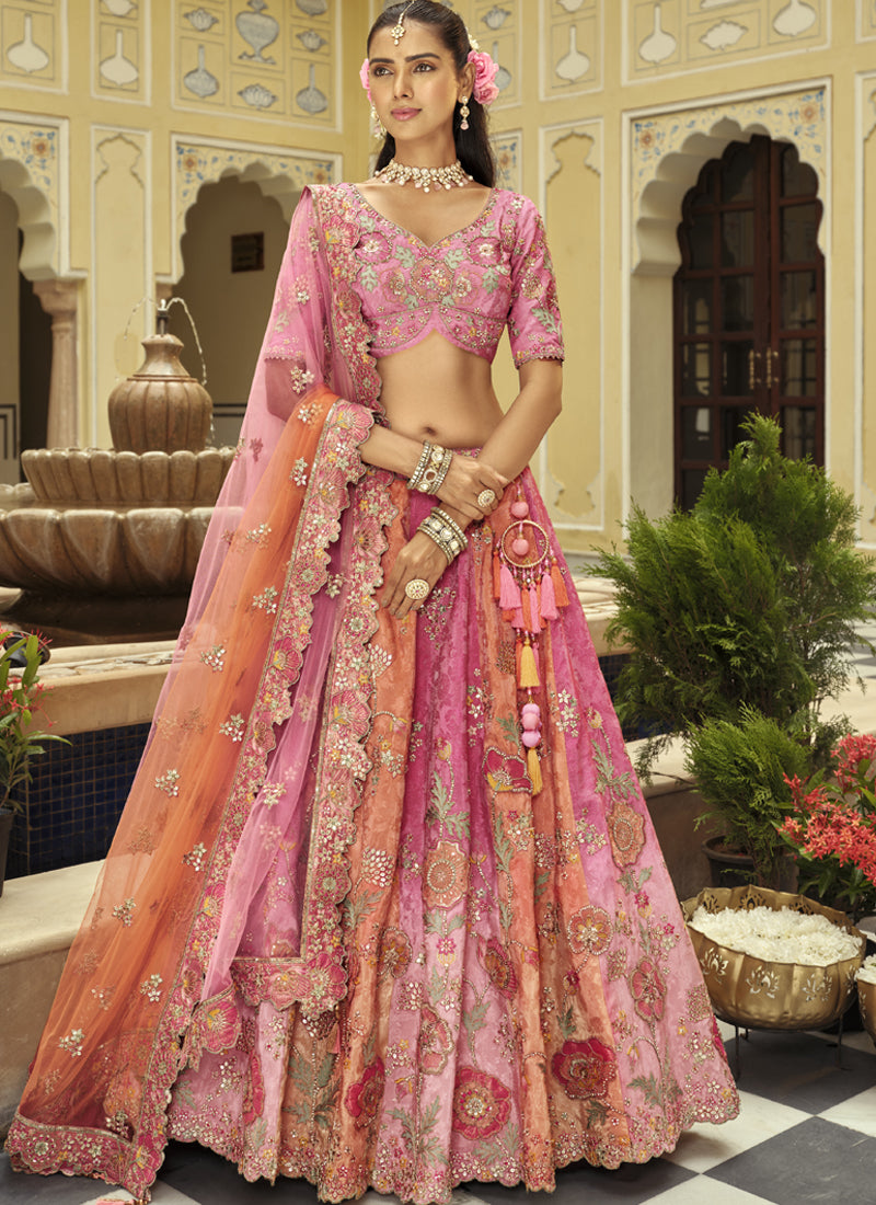 Vegaa Fashion Peach Silk Embroidered & Art Mirror Work Wedding Wear Lehenga Choli