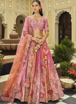 Thumbnail for Vegaa Fashion Peach Silk Embroidered & Art Mirror Work Wedding Wear Lehenga Choli - Distacart