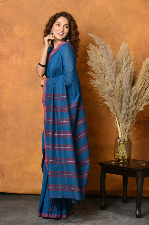 Very Much Indian Handloom Pure Cotton Saree With Sleek Border - Daisy Blue - Distacart