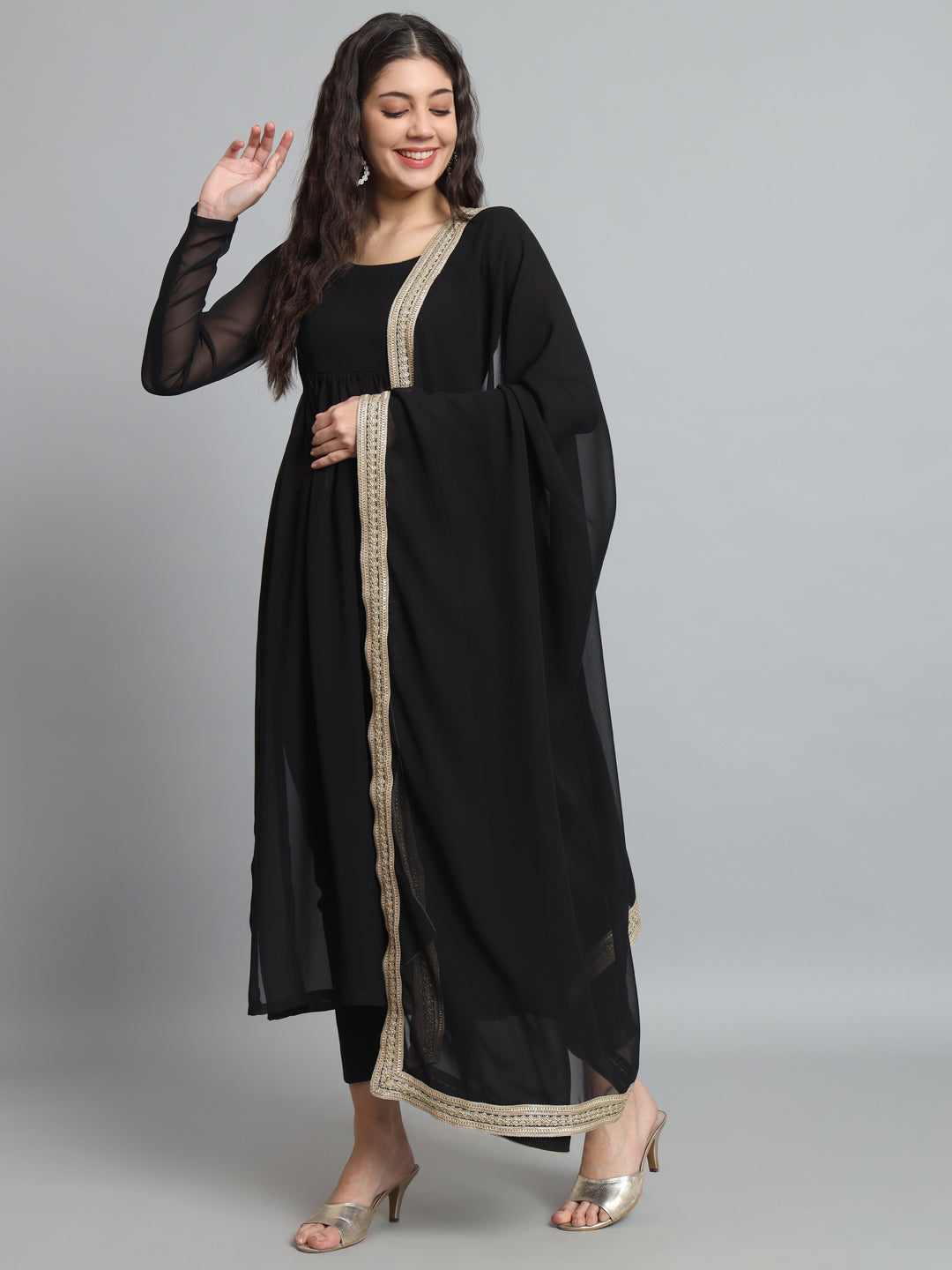 Fab Fashion Black Georgette Side Slit Set - Distacart