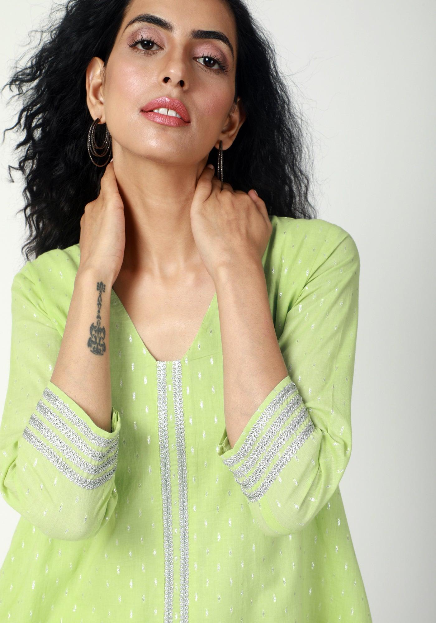 trueBrowns Green Silver Laced Kurta-Pant - Distacart