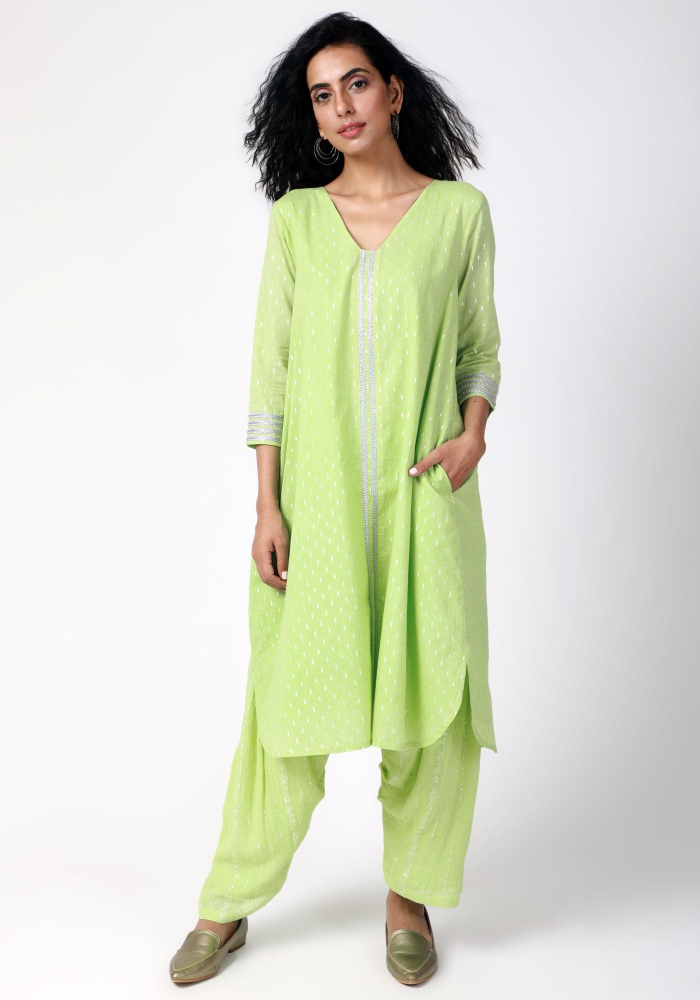 trueBrowns Green Silver Laced Kurta- Ruffled Pant - Distacart