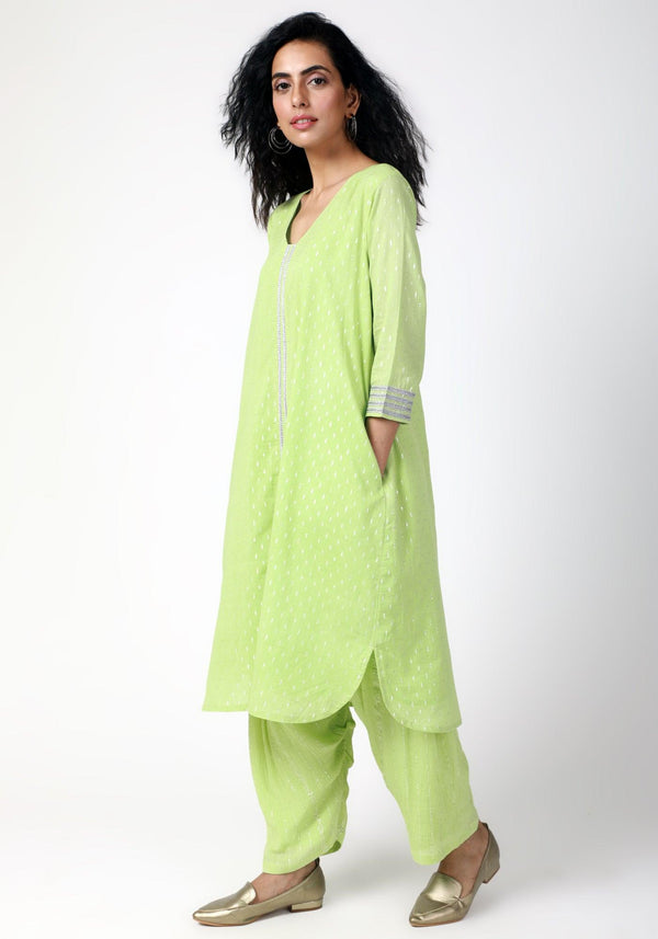 trueBrowns Green Silver Laced Kurta- Ruffled Pant - Distacart