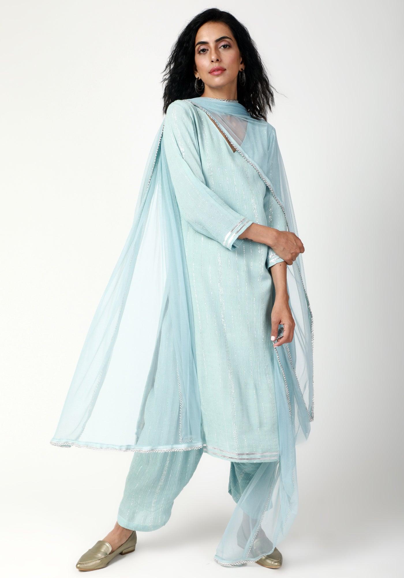 trueBrowns Blue Gota Slit Kurta-Ruffled Pant-Dupatta - Distacart