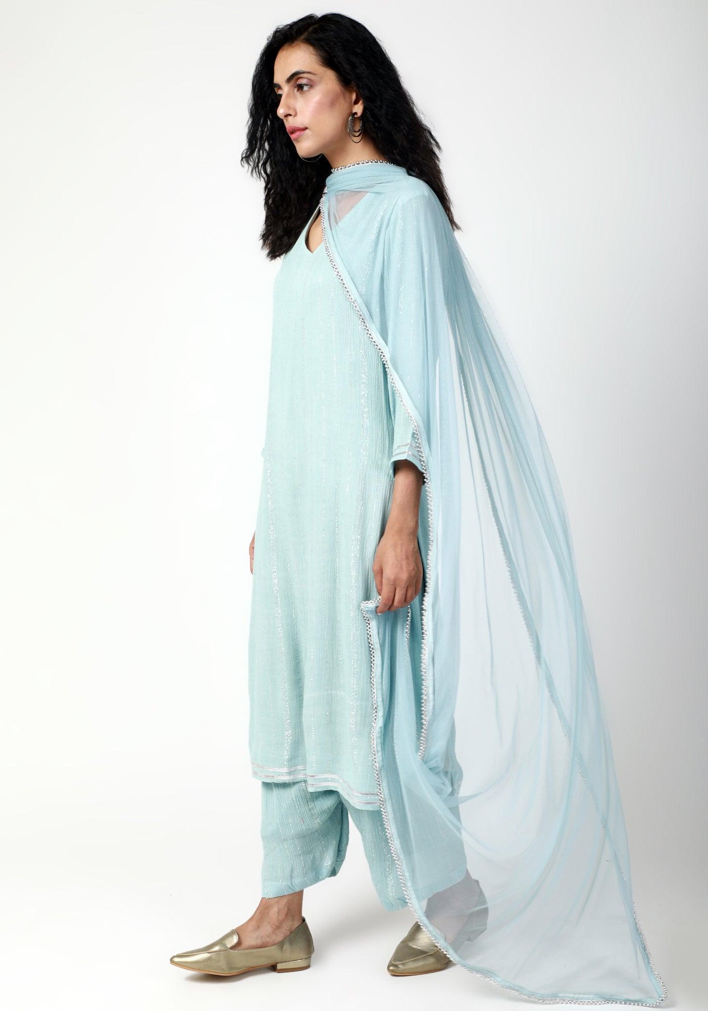trueBrowns Blue Gota Slit Kurta-Ruffled Pant-Dupatta - Distacart
