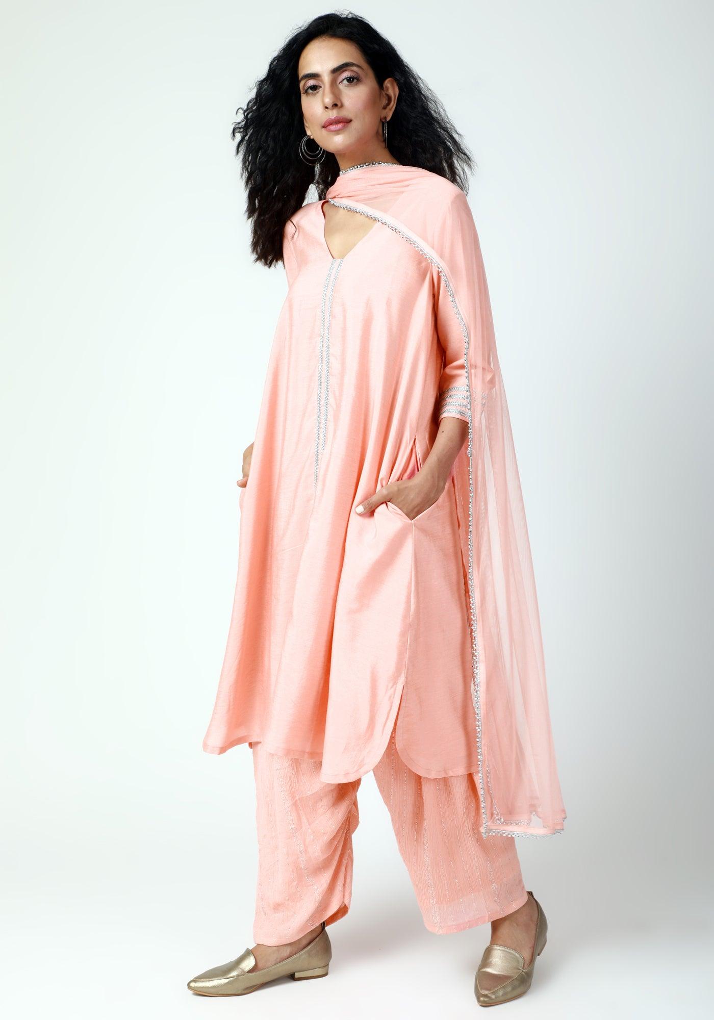 trueBrowns Peach Laced Kurta-Ruffled Pant-Dupatta - Distacart