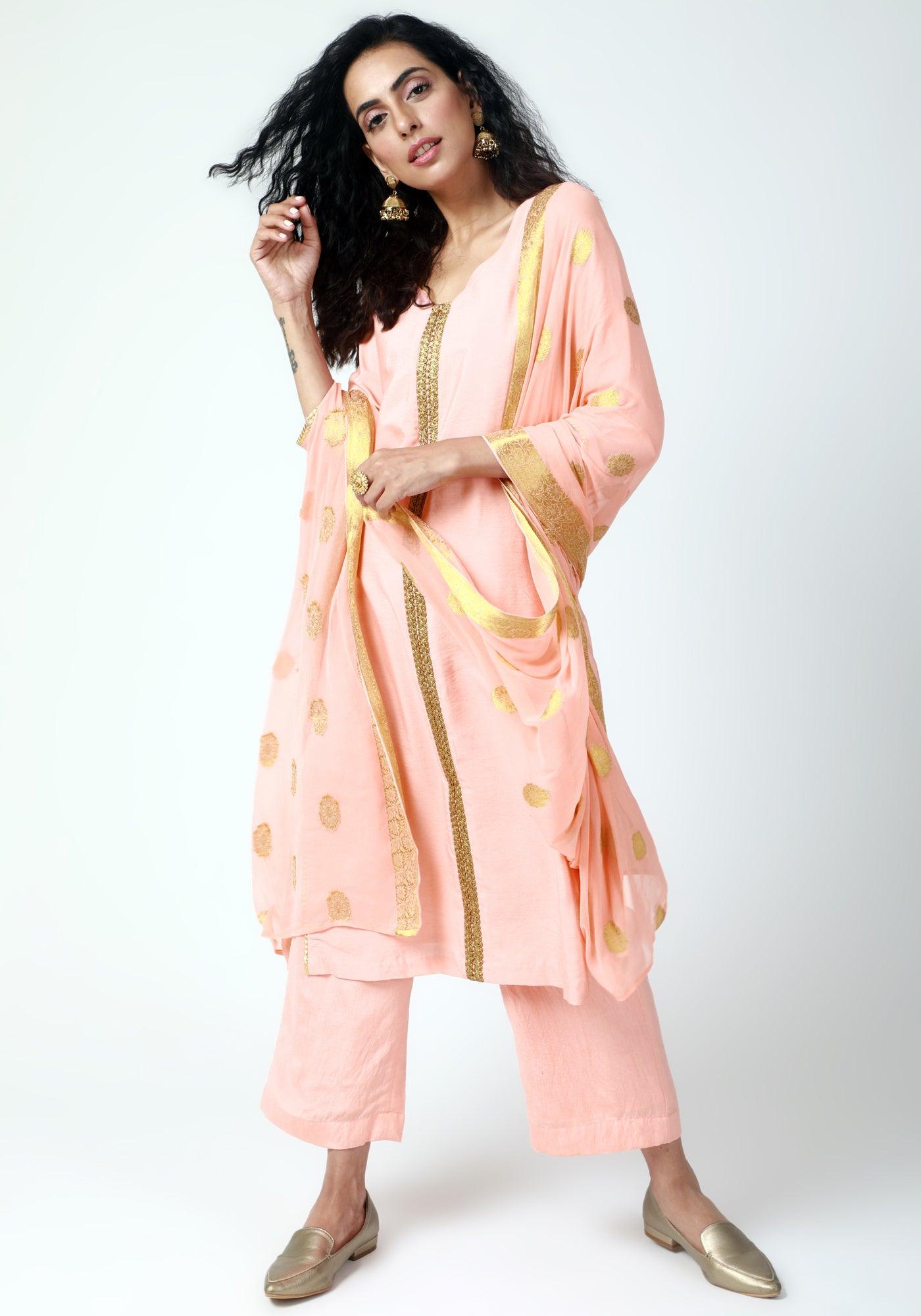 trueBrowns Peach Gota Kurta-Pant-Dupatta - Distacart