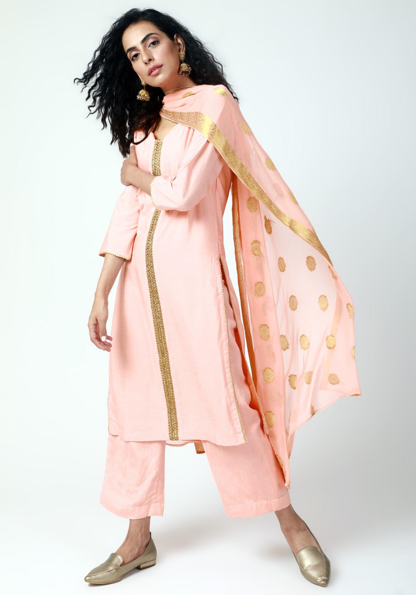 trueBrowns Peach Gota Kurta-Pant-Dupatta - Distacart