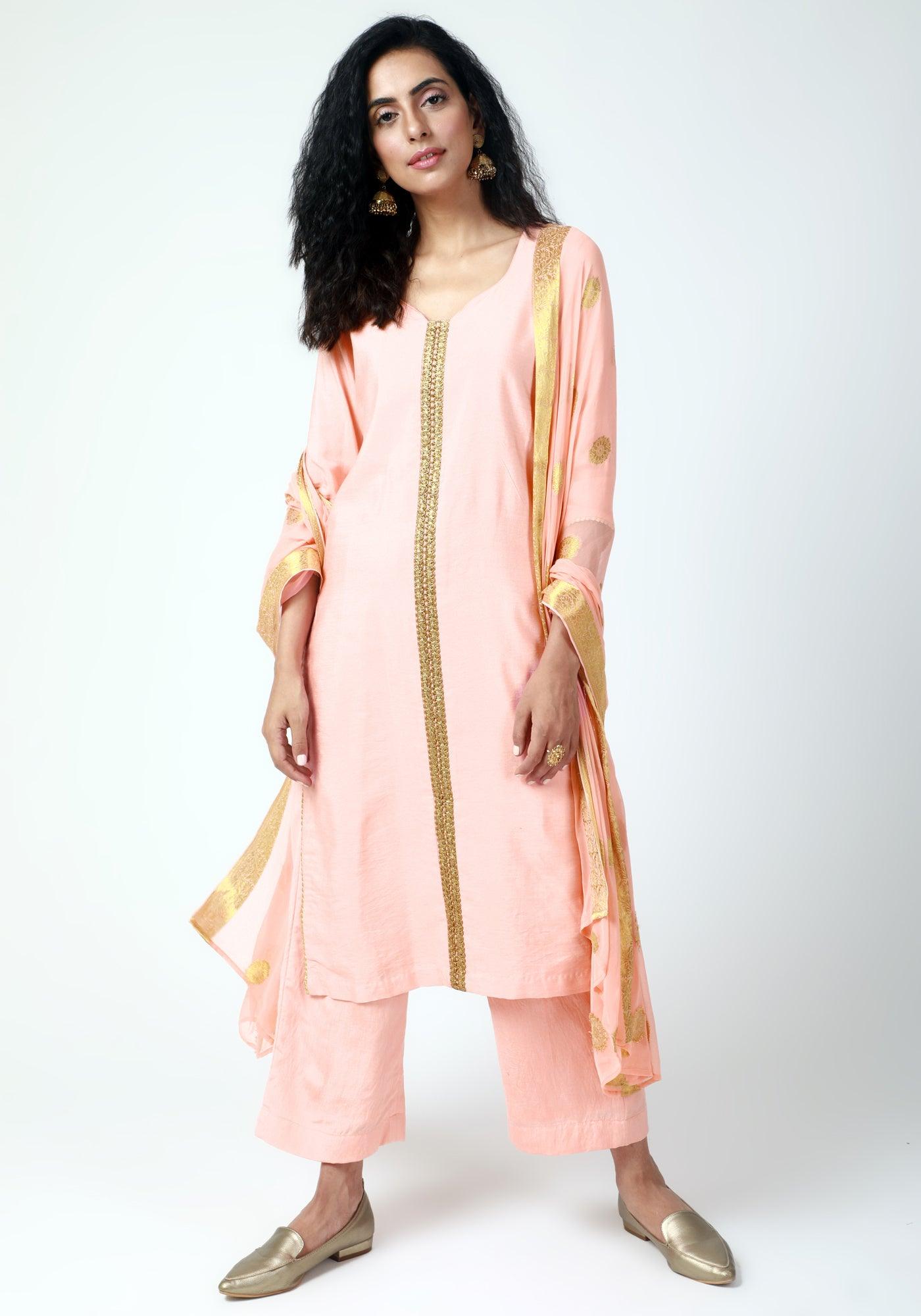 trueBrowns Peach Gota Kurta-Pant-Dupatta