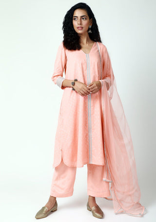 trueBrowns Peach Silver Laced Kurta-Pant-Dupatta
