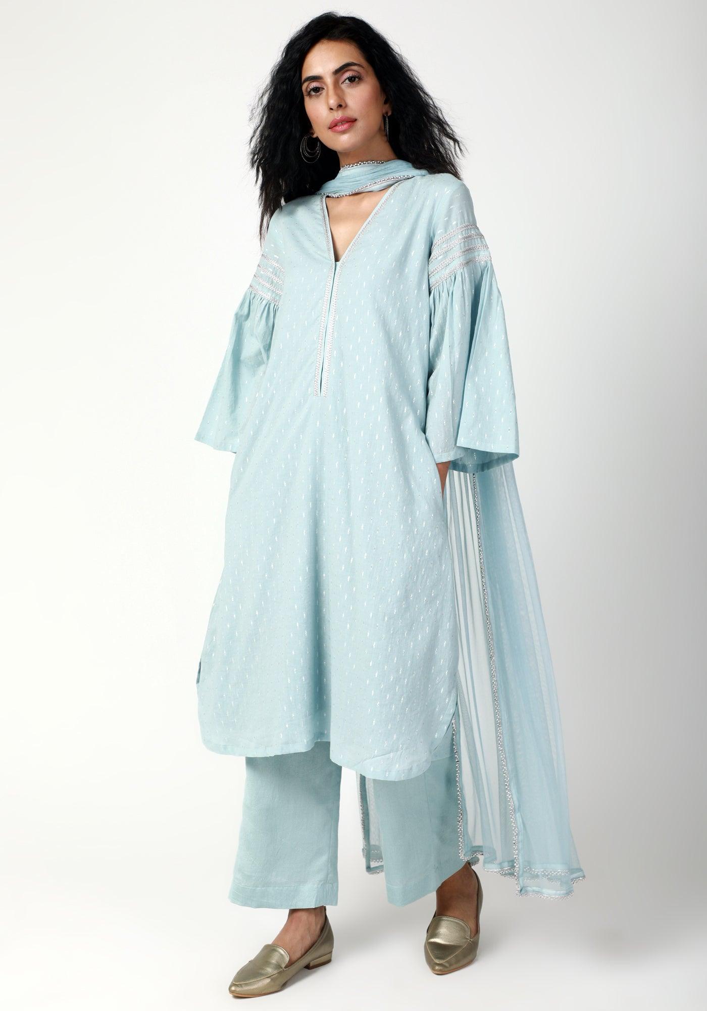 trueBrowns Blue Silver Laced Kurta-Pant-Dupatta - Distacart