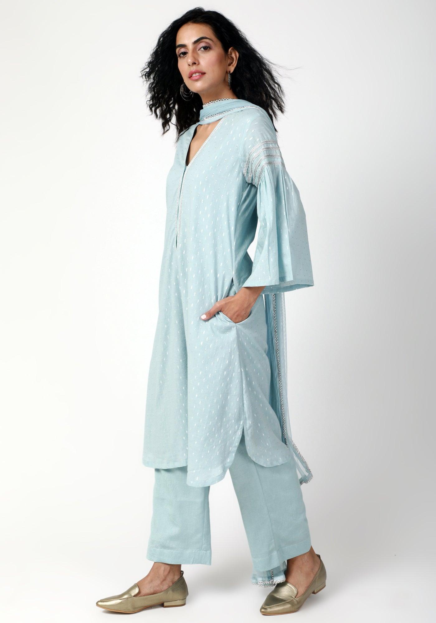 trueBrowns Blue Silver Laced Kurta-Pant-Dupatta - Distacart