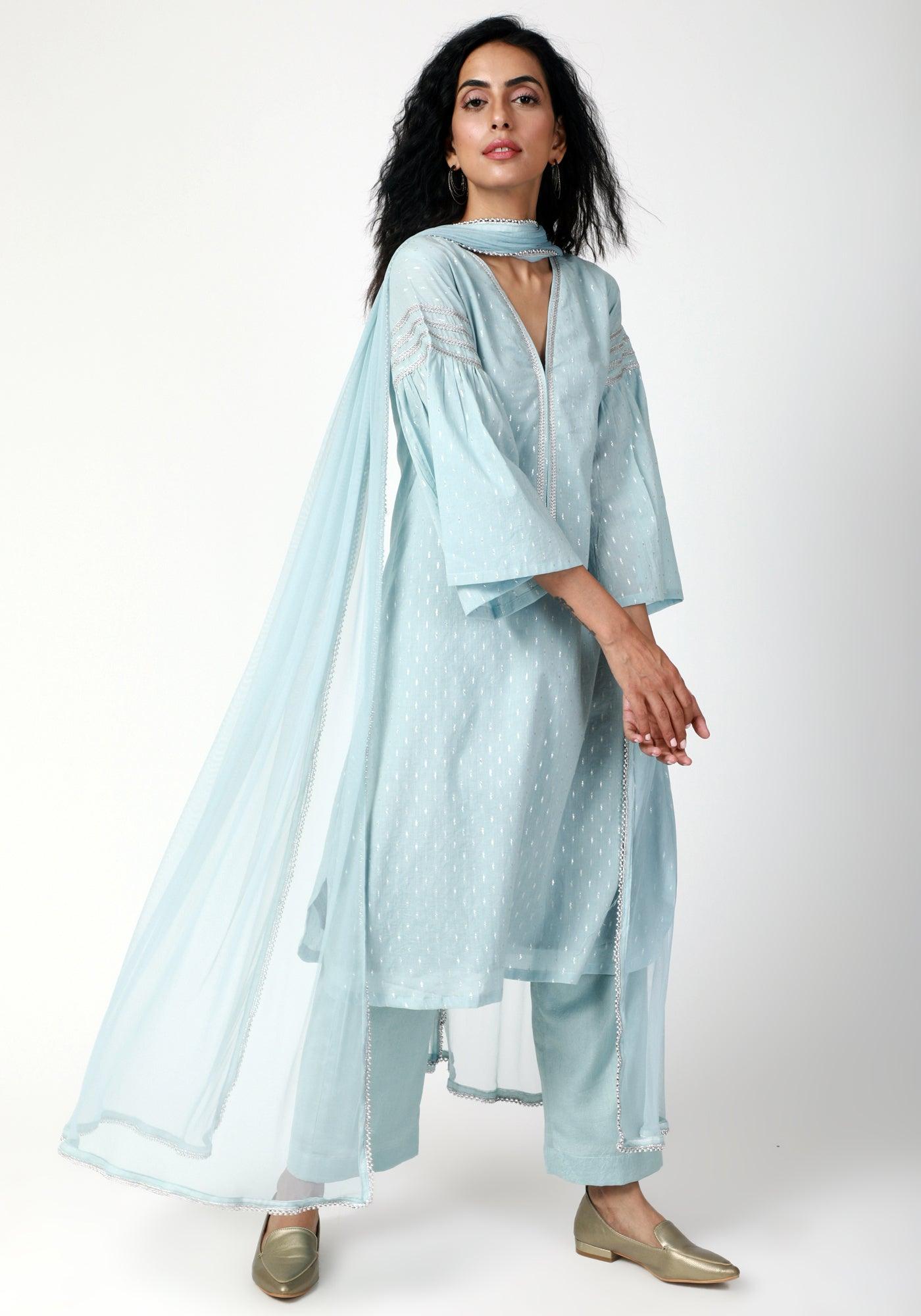 trueBrowns Blue Silver Laced Kurta-Pant-Dupatta - Distacart