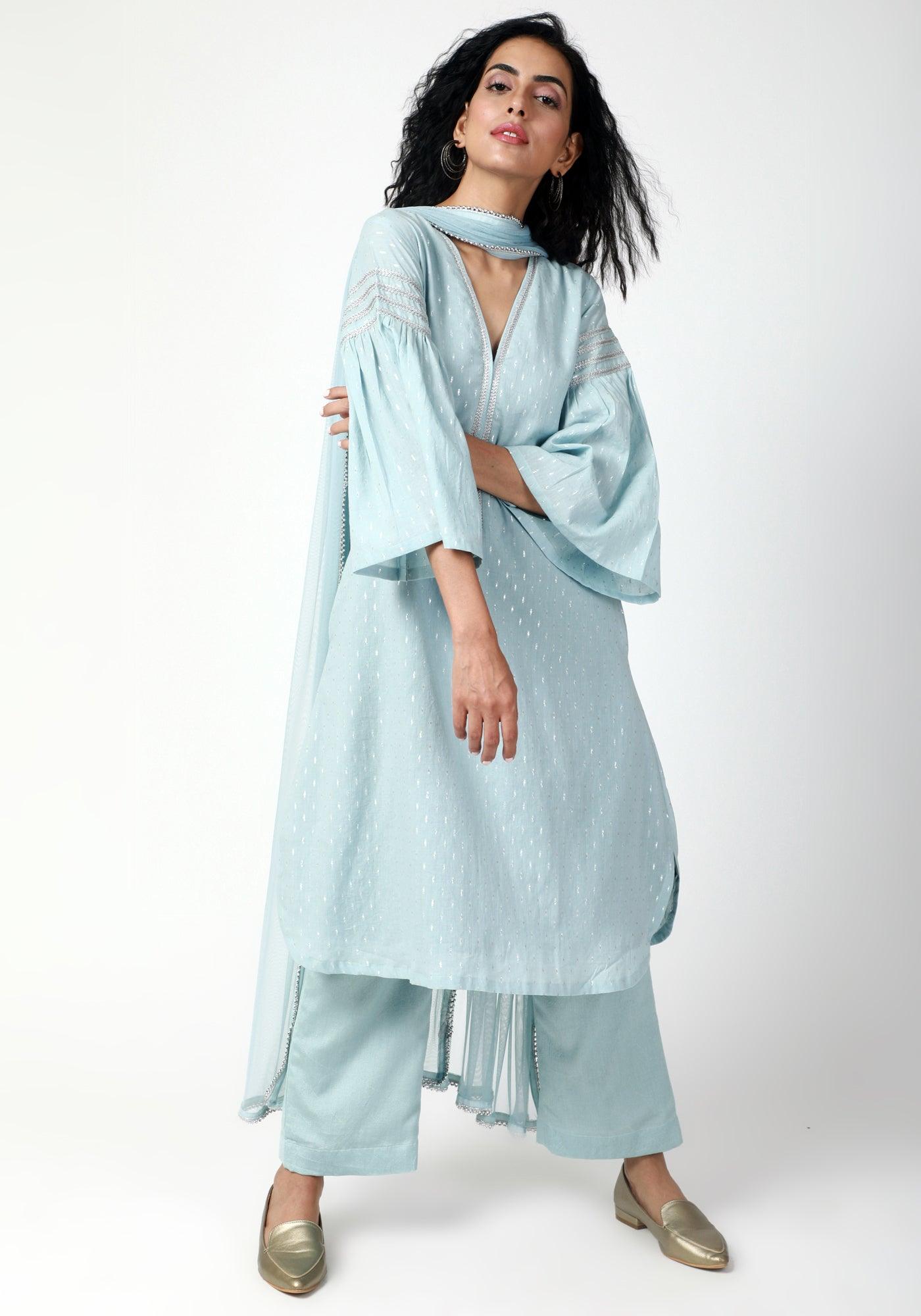 trueBrowns Blue Silver Laced Kurta-Pant-Dupatta - Distacart