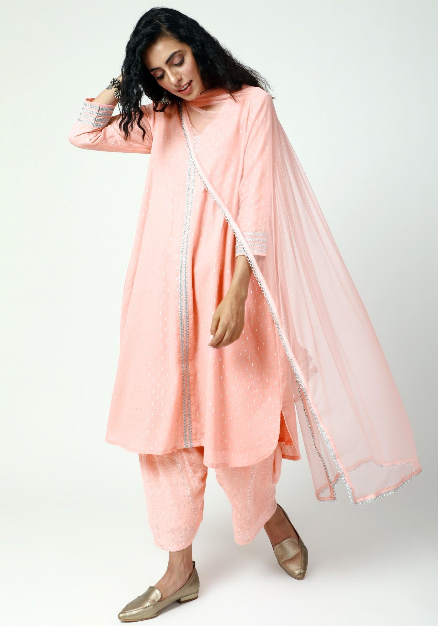 trueBrowns Peach Silver Laced Kurta- Ruffled Pant-Dupatta - Distacart