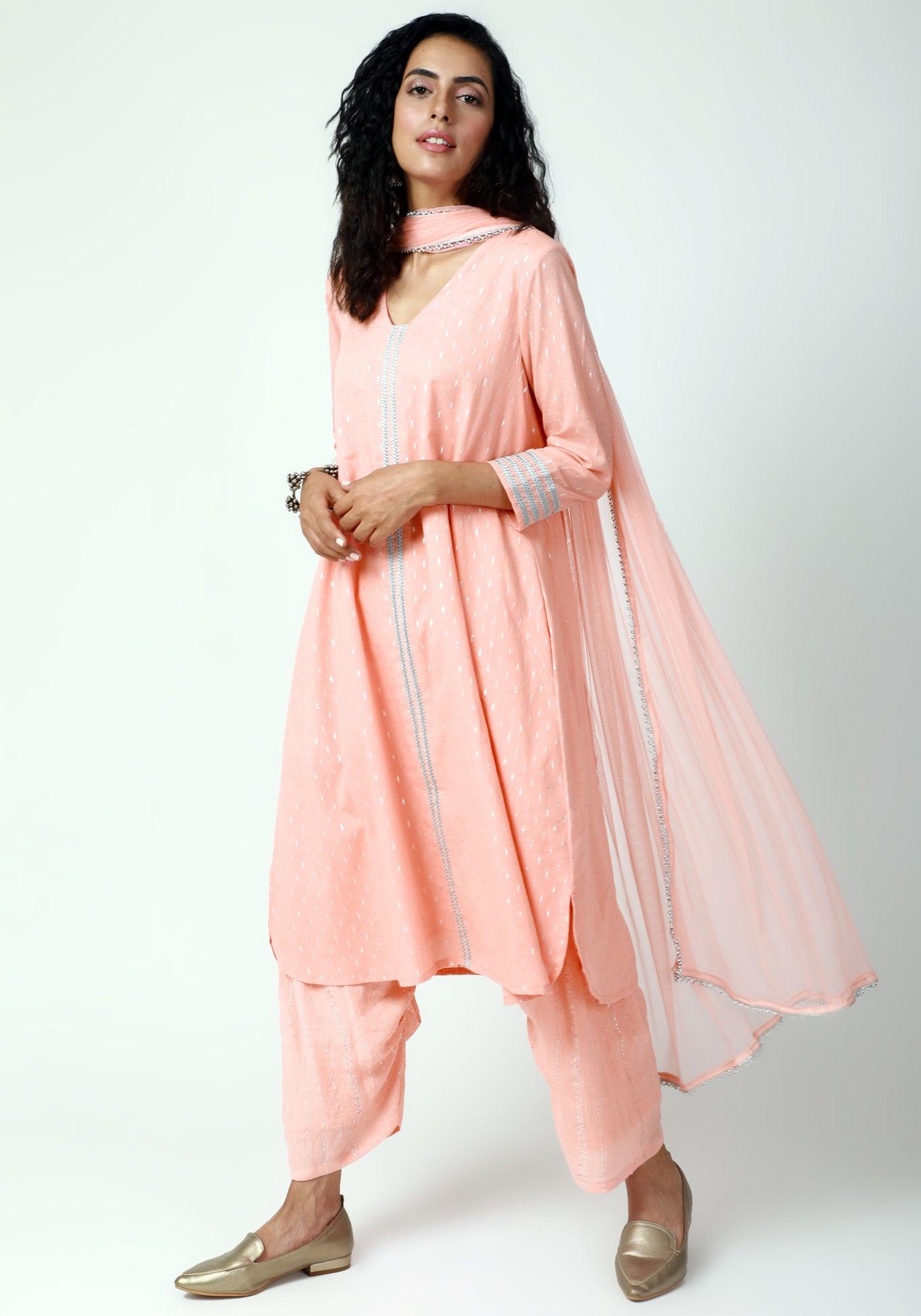 trueBrowns Peach Silver Laced Kurta- Ruffled Pant-Dupatta - Distacart