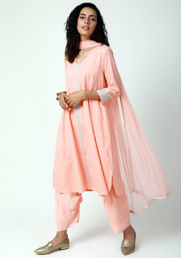 trueBrowns Peach Silver Laced Kurta- Ruffled Pant-Dupatta