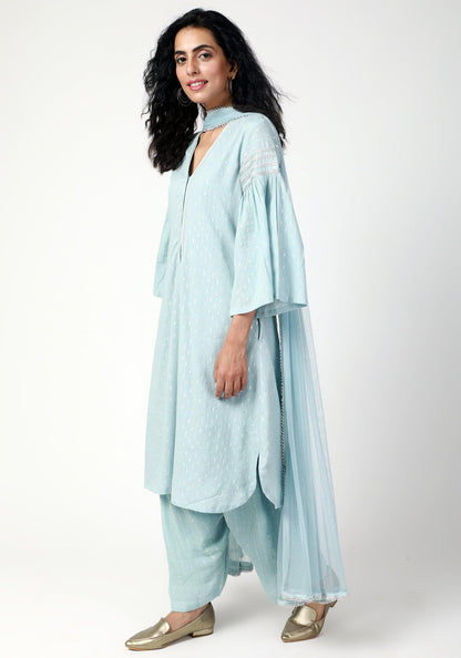 trueBrowns Blue Silver Laced Kurta- Ruffled Pant-Dupatta - Distacart