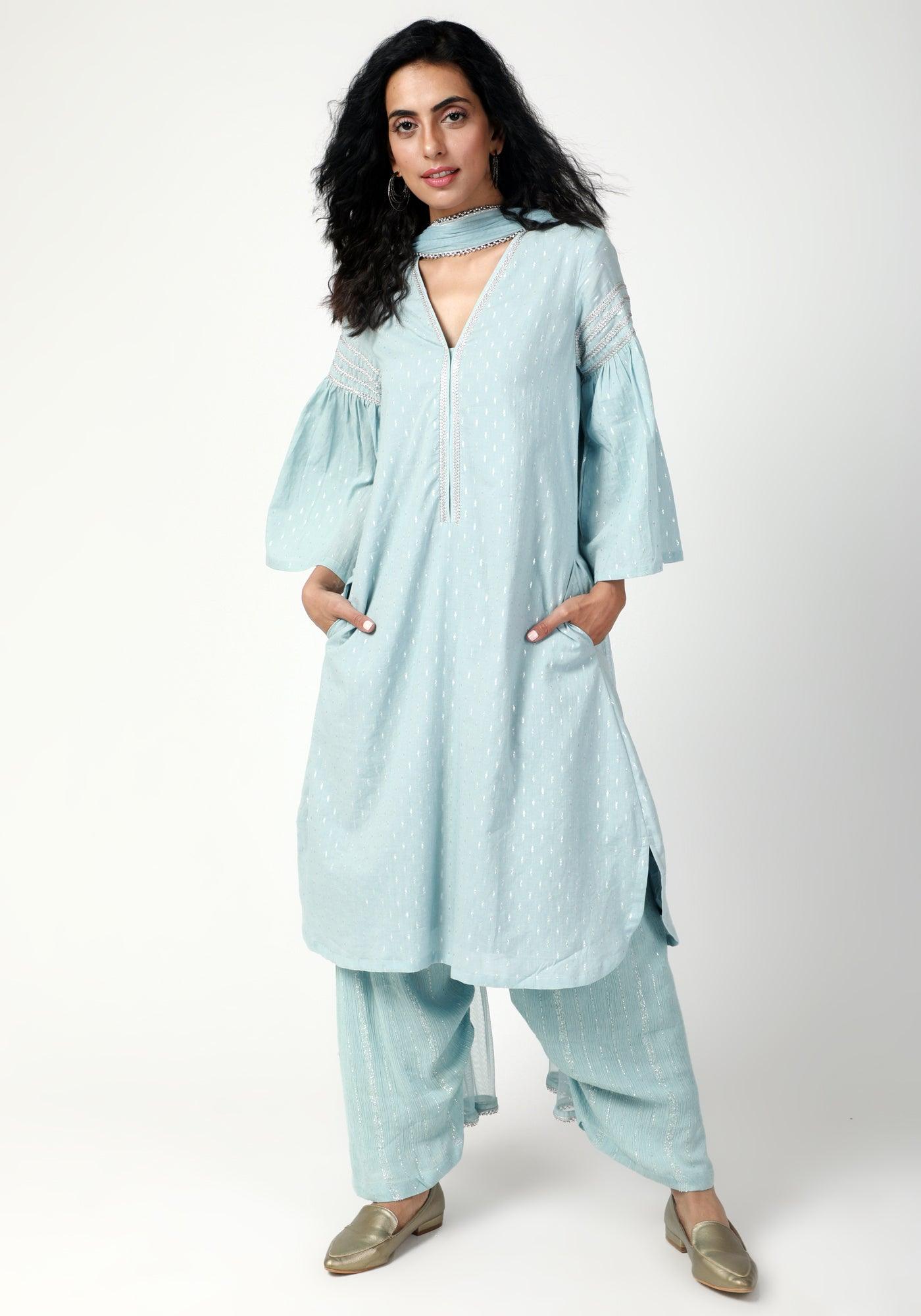 trueBrowns Blue Silver Laced Kurta- Ruffled Pant-Dupatta - Distacart