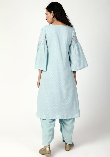 trueBrowns Blue Silver Laced Kurta- Ruffled Pant-Dupatta - Distacart