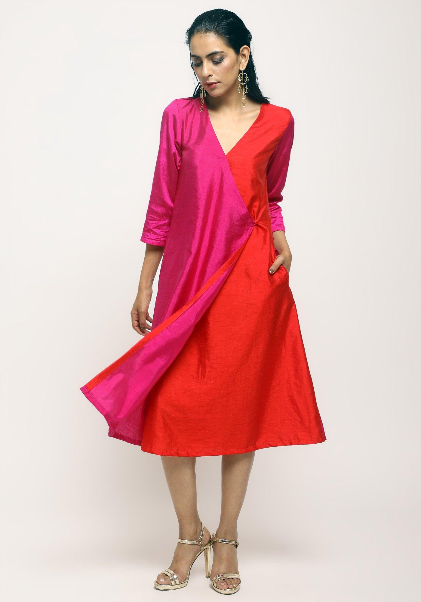 trueBrowns Pink Contrast Overlap Dress - Distacart