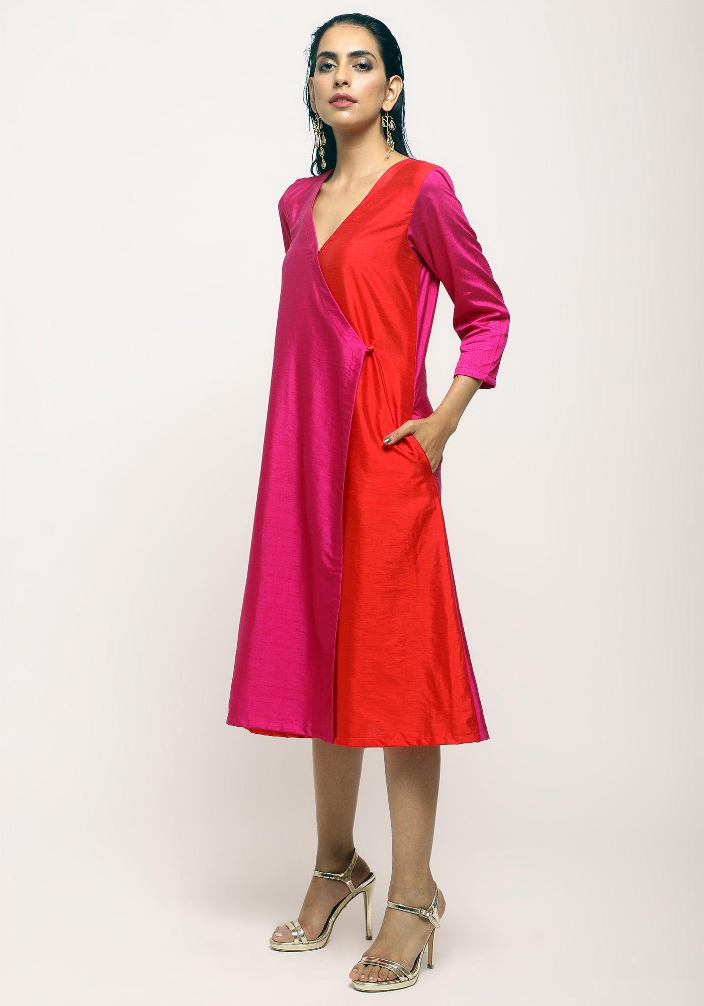 trueBrowns Pink Contrast Overlap Dress - Distacart