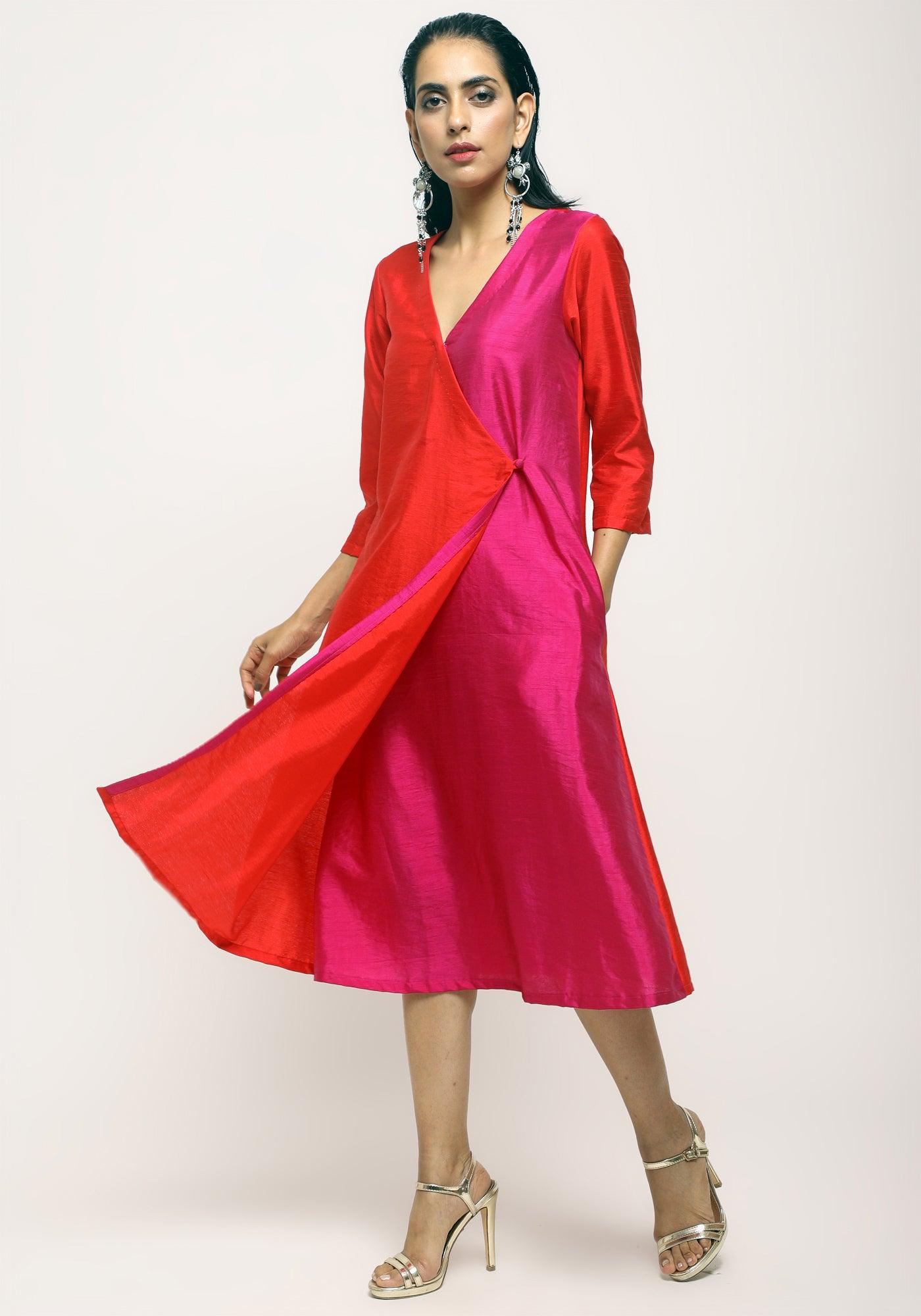 trueBrowns Orange Contrast Overlap Dress - Distacart