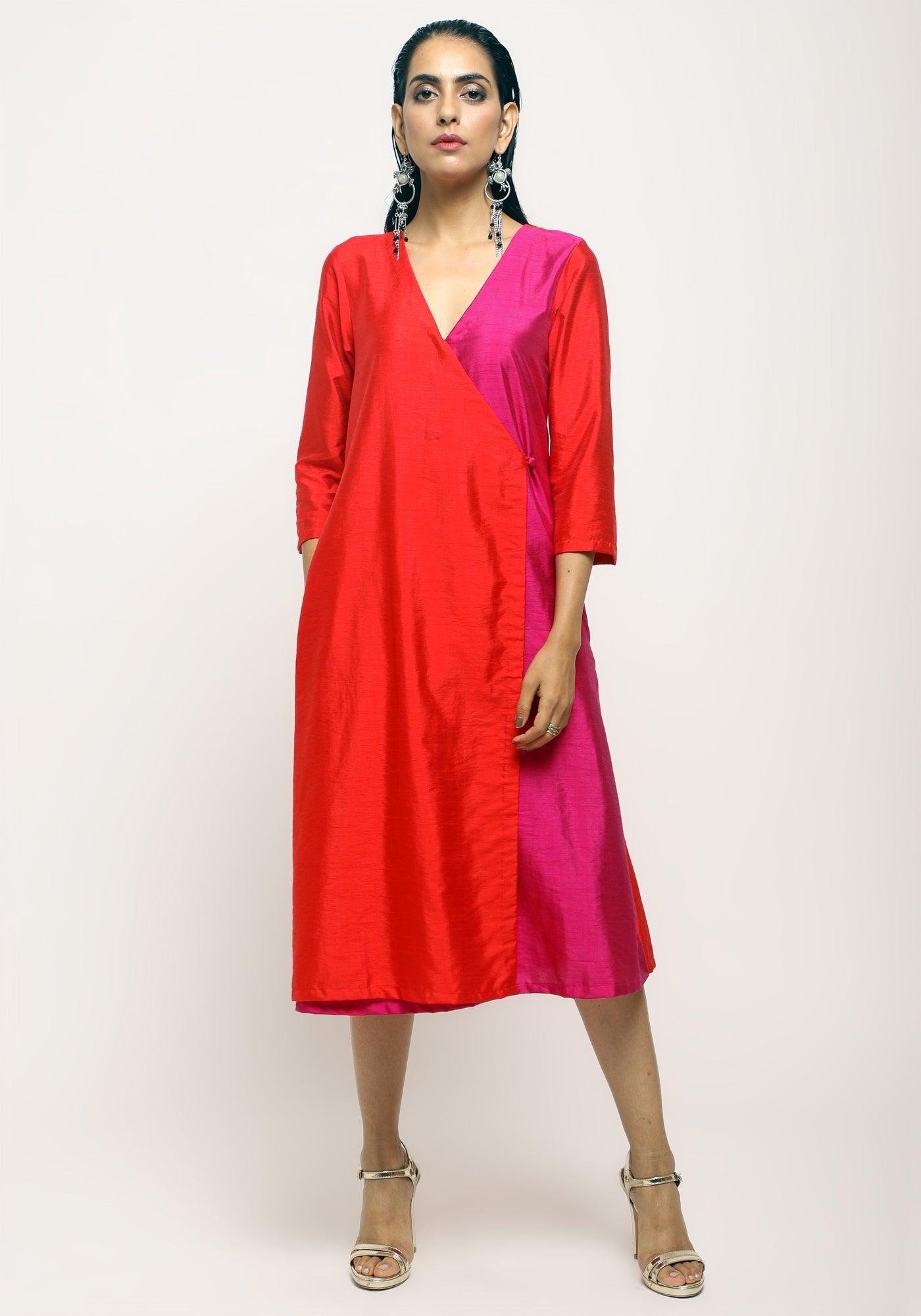 trueBrowns Orange Contrast Overlap Dress - Distacart