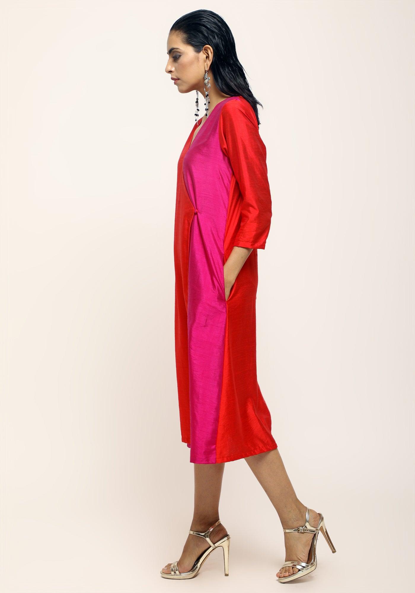trueBrowns Orange Contrast Overlap Dress - Distacart