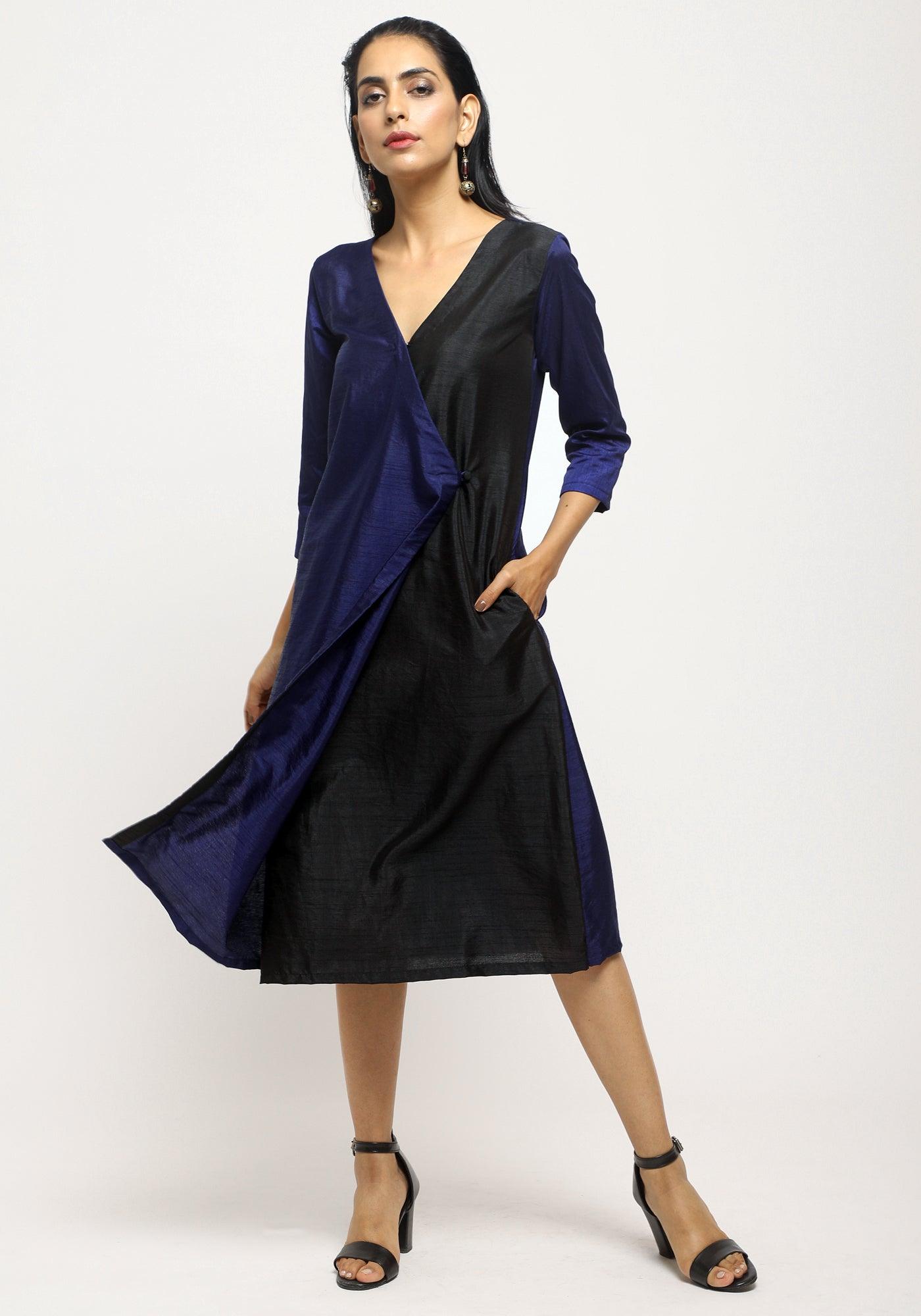trueBrowns Blue Contrast Overlap Dress - Distacart