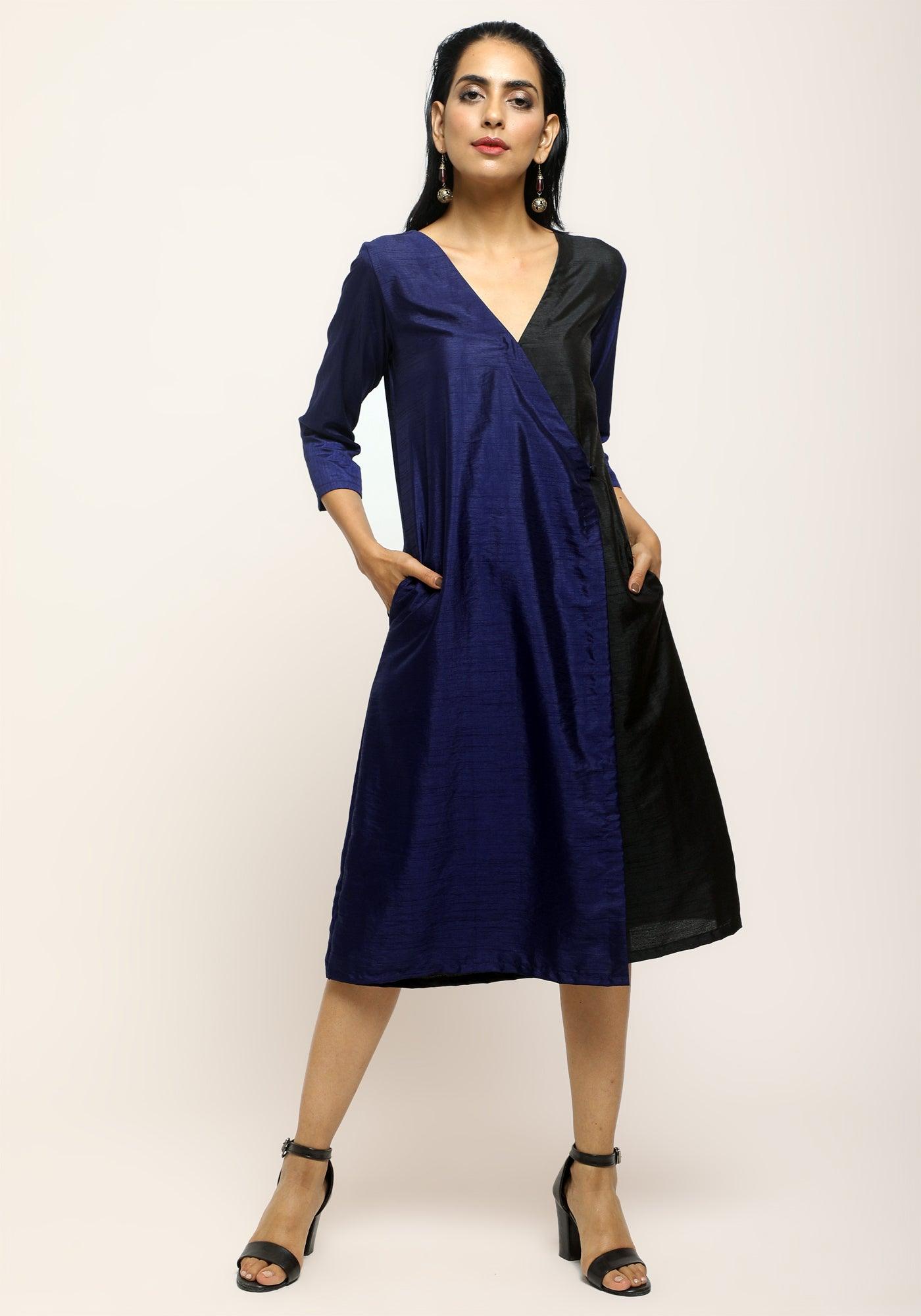 trueBrowns Blue Contrast Overlap Dress - Distacart