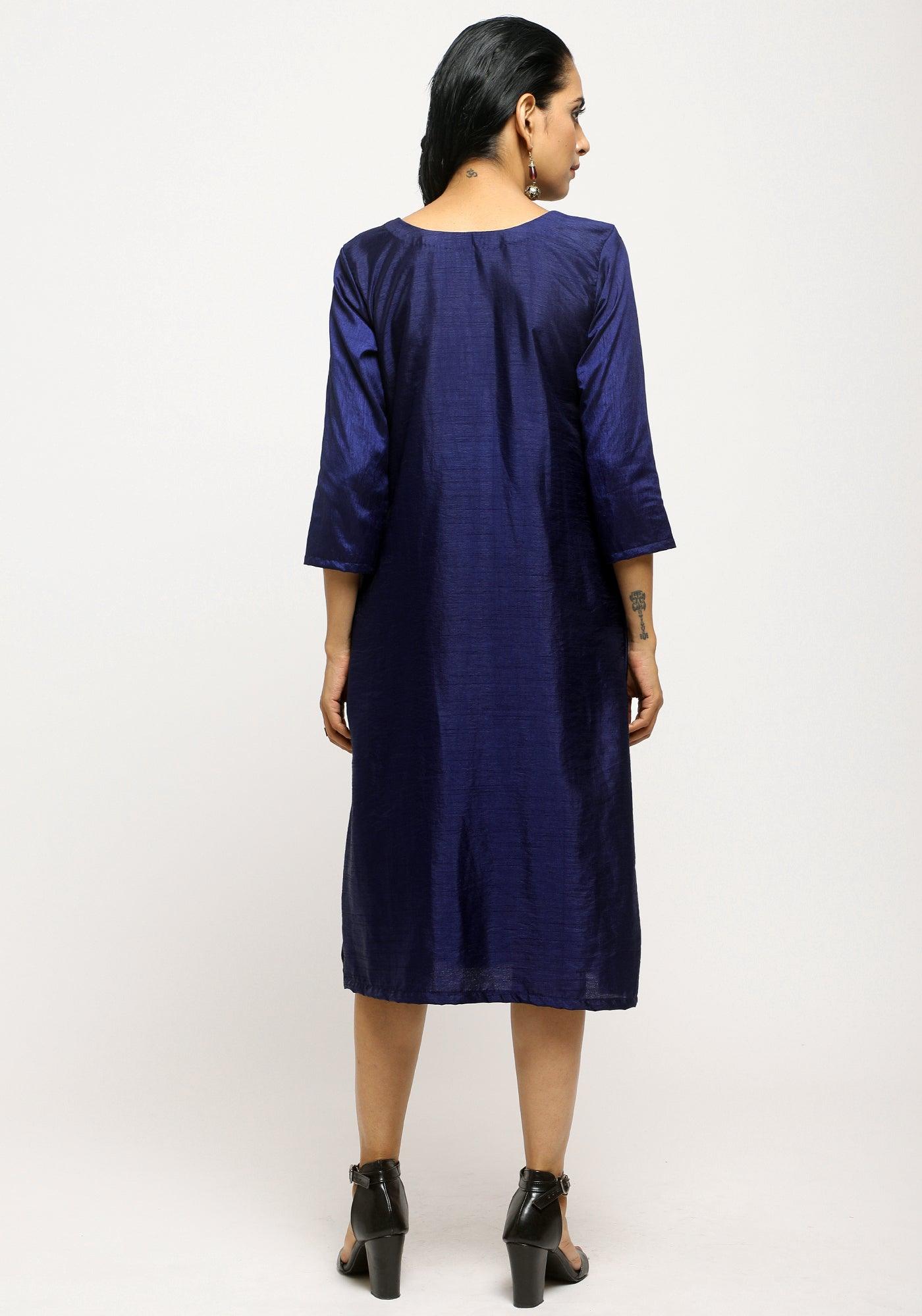 trueBrowns Blue Contrast Overlap Dress - Distacart
