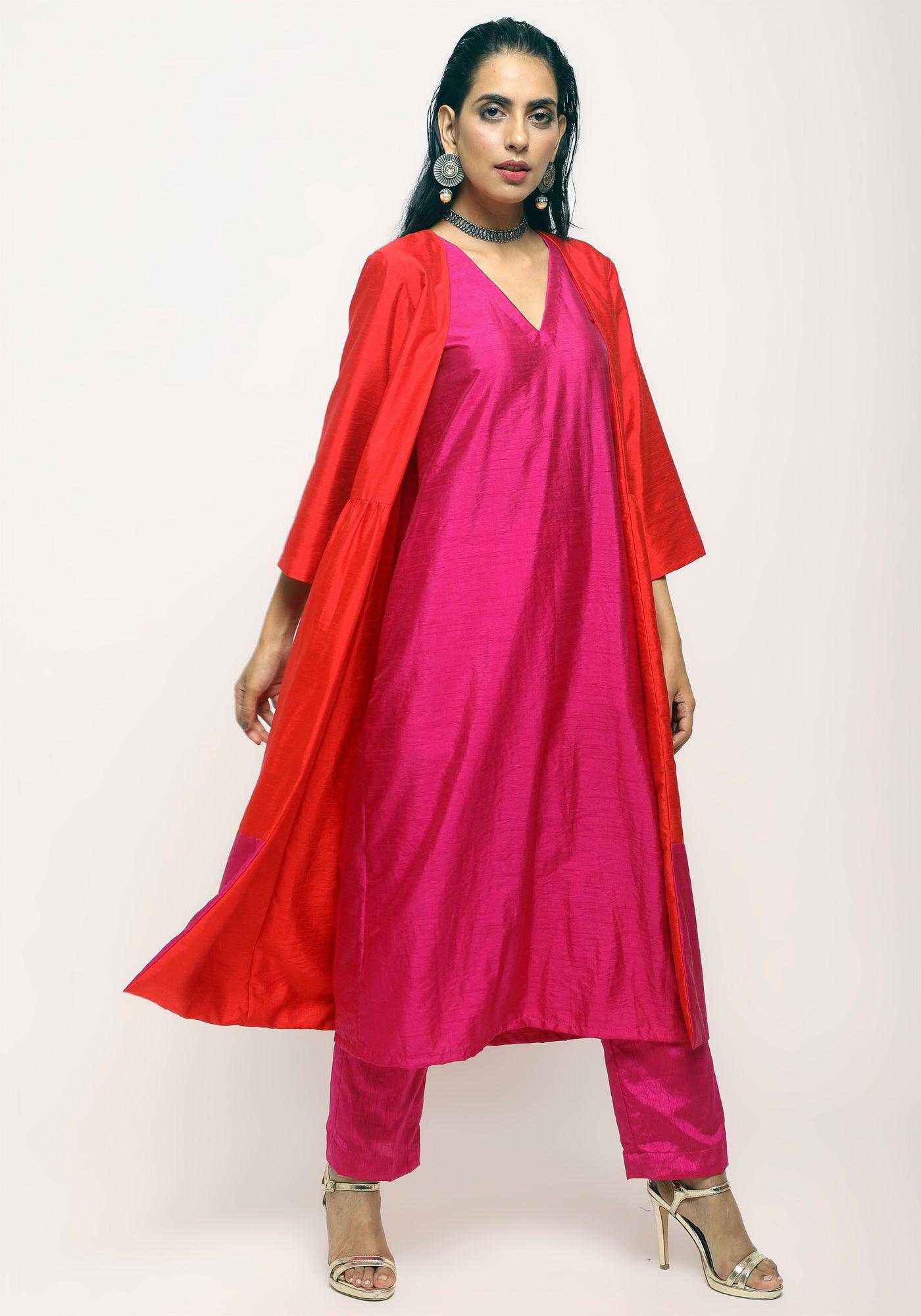 trueBrowns Orange Pink Jacket Kurta Set - Distacart