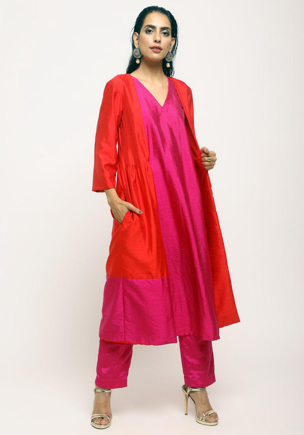 trueBrowns Orange Pink Jacket Kurta Set - Distacart