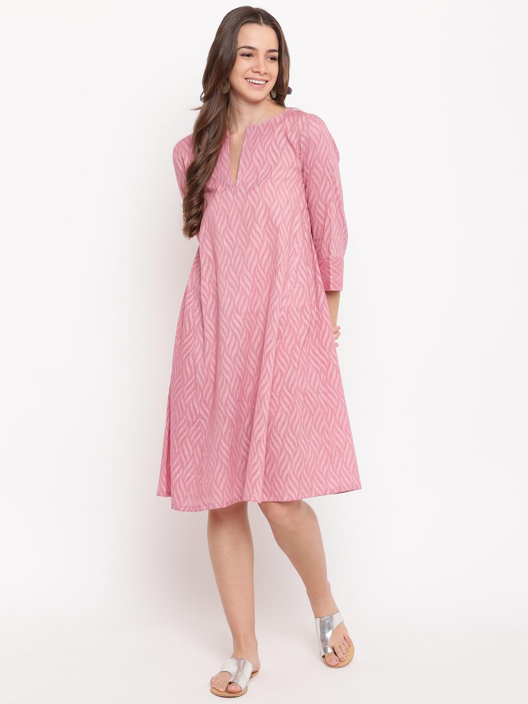 trueBrowns Pink Floral Dobby Cuff Dress - Distacart