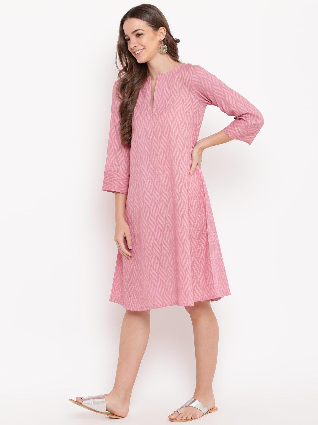 trueBrowns Pink Floral Dobby Cuff Dress - Distacart