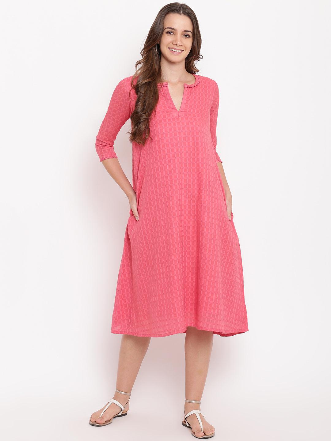trueBrowns Brick Pink Dobby Grid Flared Dress - Distacart