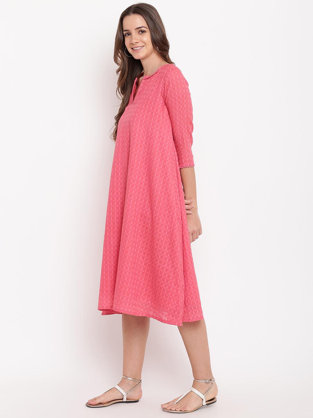 trueBrowns Brick Pink Dobby Grid Flared Dress - Distacart